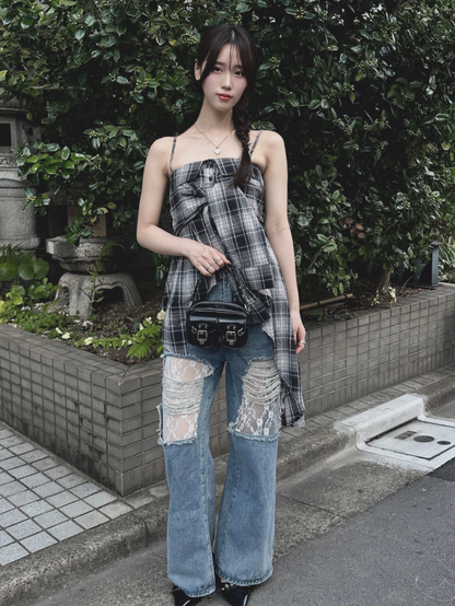ダメージレースデニムパンツ