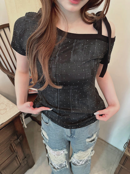 アシメスリーブスタッズTシャツ